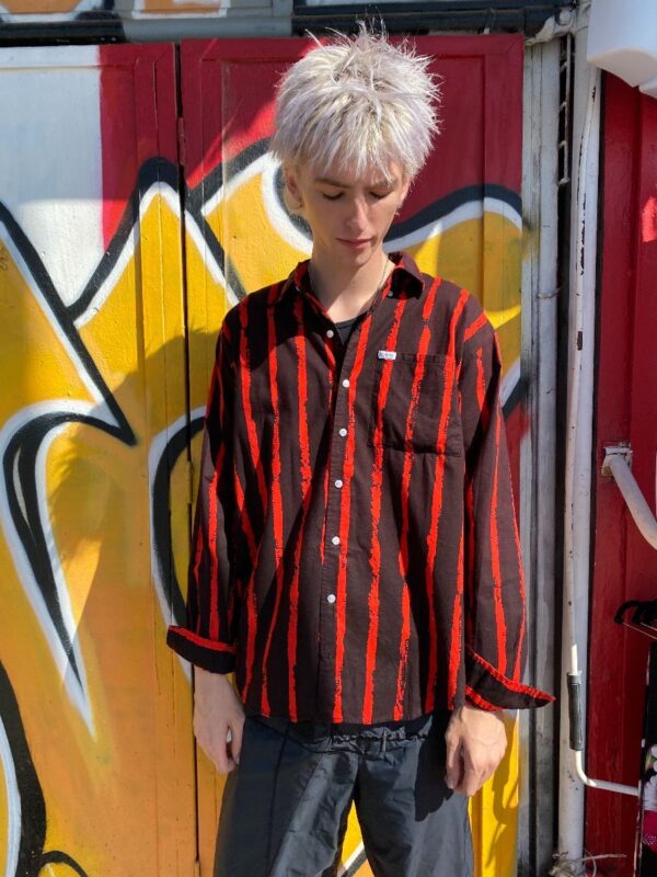 product details: 1990S 100% COTTON LONG SLEEVE VERTICAL RAW STRIPED BUTTON DOWN SHIRT photo