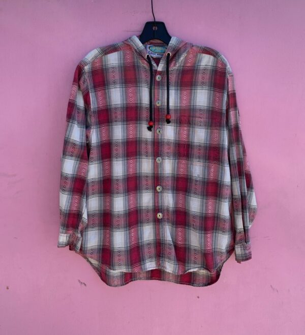 product details: 1990S LONG SLEEVE FLANNEL BUTTON UP W/ HOOD AND DRAW STRINGS photo
