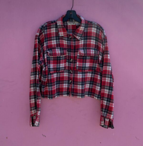 product details: FUN REWORKED CROPPED LONG SLEEVE FLANNEL BUTTON UP JACKET photo