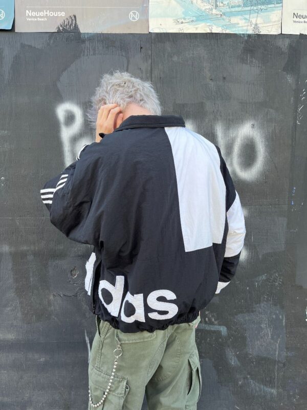 product details: 1990S PUFFY ADIDAS BLACK & WHITE COLOR BLOCK JACKET WITH SPELLOUT LETTERS photo