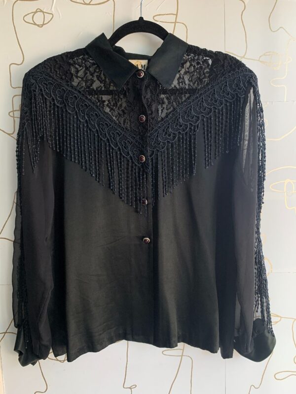 product details: SATIN BUTTON UP BLOUSE W/ PAISLEY LACE, TASSELS  AND SHEER SLEEVES photo