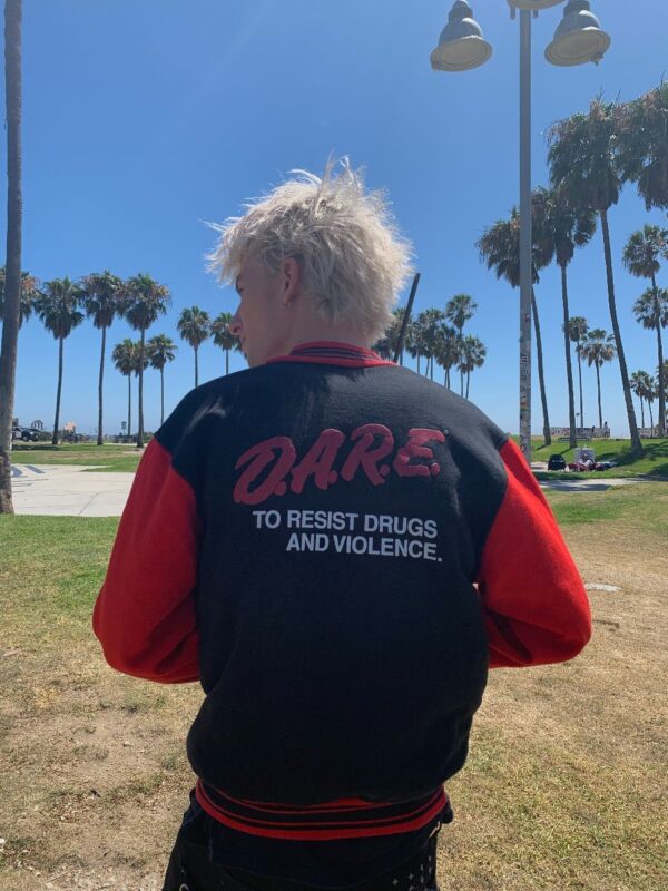 product details: DARE TO RESIST DRUGS 100% COTTON VARSITY BUTTON UP JACKET W/ FRONT AND BACK LOGO SMALL FIT photo