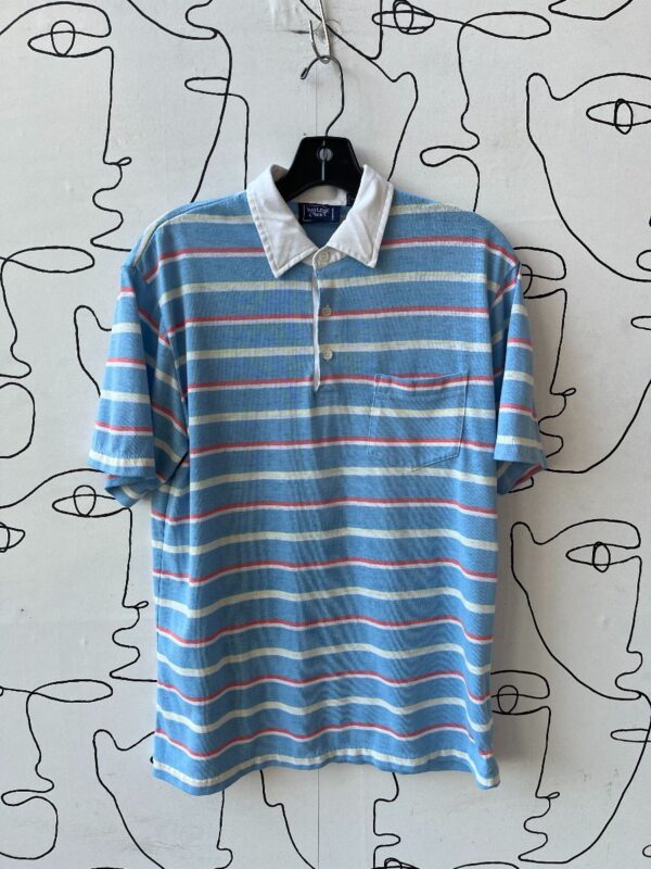 product details: 1980S PASTEL STRIPED THREADBARE POLO SINGLE STITCH SHIRT photo