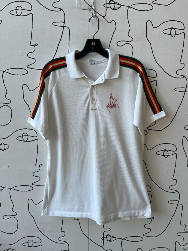 product details: AS-IS 1970S HAND STITCHED RAINBOW SLEEVES THREADBARE POLO SHIRT BAGPIPE LOGO photo
