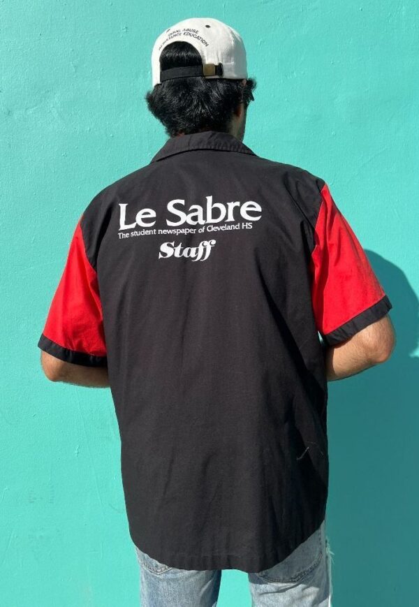 product details: LE SABRE STAFF COLOR BLOCK BOWLING SHIRT WITH CHAIN STICH LETTERING photo