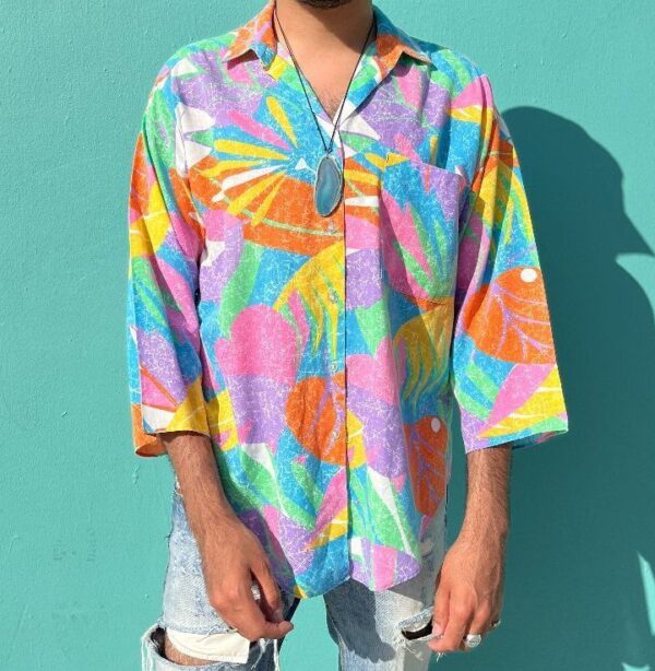 product details: 1980S BRIGHT! PASTEL TROPICAL PRINT 3/4 SLEEVE BUTTON DOWN SHIRT photo