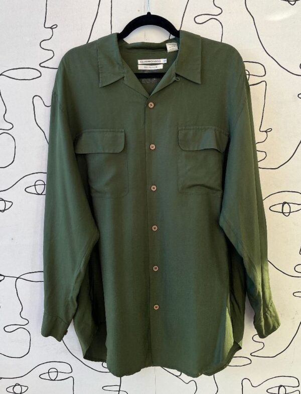 product details: LATE 90S OLIVE GREEN 100% SILK BUTTON UP LONG SLEEVE BLOUSE photo