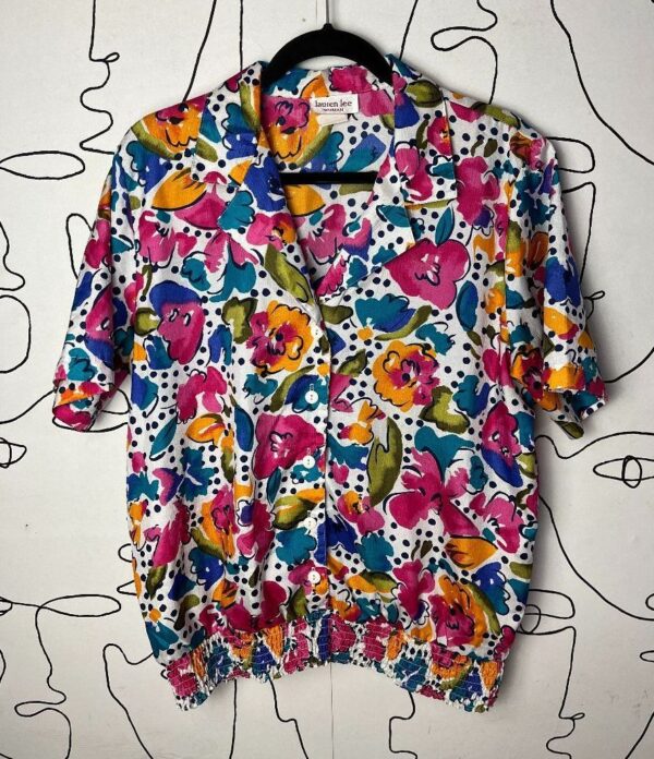 product details: 1980S FUN POLKADOT & FLORAL PRINT SHORT SLEEVE BUTTON UP WITH CINCHED WAIST photo