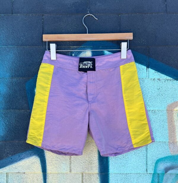 product details: 1980S DEADSTOCK JIMMY Z IRIDESCENT COLOR BLOCK BOARD SHORTS AS-IS photo