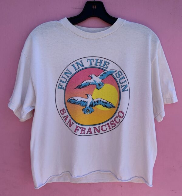 product details: CROPPED FUN IN THE SUN SAN FRANCISCO SEAGULL SUNSET GRAPHIC TEE photo