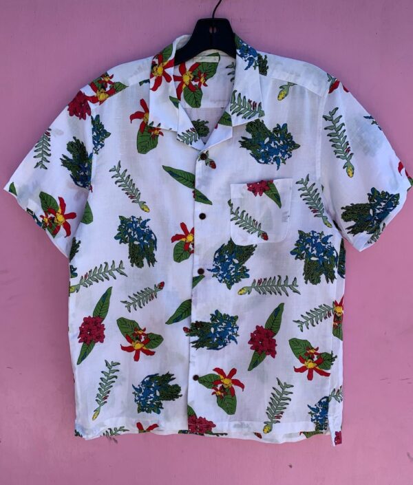 product details: FUN MIXED TROPICAL PRINT PATCHWORK SHORT SLEEVE BUTTON DOWN SHIRT SMALL FIT photo