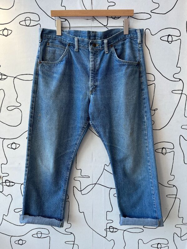 product details: AS-IS CROPPED RAW HEM DENIM JEANS MEDIUM WASH photo