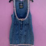 1980S ACID WASH OVERALL BODYCON DRESS W/ PRINTED FLORAL TRIM