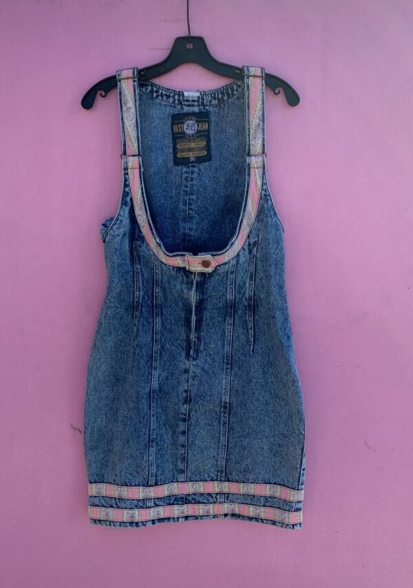 product details: 1980S ACID WASH OVERALL BODYCON DRESS W/ PRINTED FLORAL TRIM photo