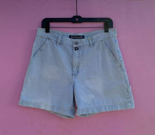 product details: 1990S SEERSUCKER STRIPED COTTON DENIM UTILITY SHORTS LONGER CUT photo