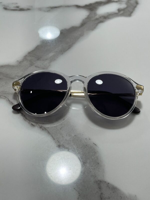 product details: CLEAR ROUND FRAME METAL ARMS DARK LENSE SUNGLASSES photo