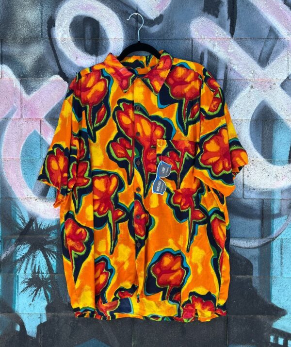 product details: SUPER BRIGHT! 100% COTTON SHORT SLEEVE BUTTON DOWN HAWAIIAN STYLE SHIRT PATENTED SUNGLASS LOOP NWT photo