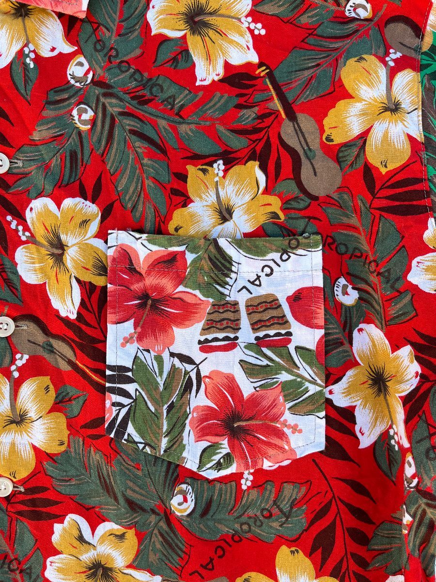 Fun 1980s Short Cut Multi Colored Hawaiian Print Patchwork Button Shirt ...
