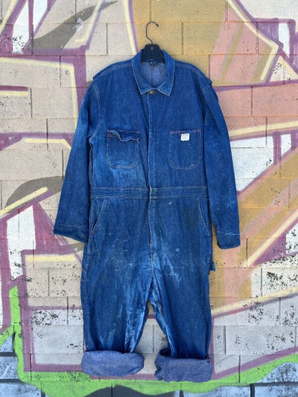 product details: AS-IS DISTRESSED & PAINTED DARK DENIM JUMPSUIT photo
