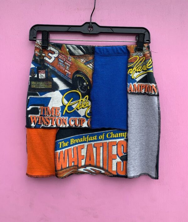 product details: REWORKED NASCAR TSHIRT PATCHWORK MINI SKIRT photo