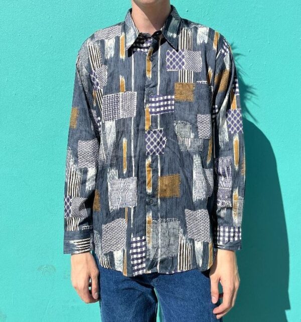 product details: 1990S DEADSTOCK MIXED INDIGO PRINT LONG SLEEVE BUTTON DOWN SHIRT photo