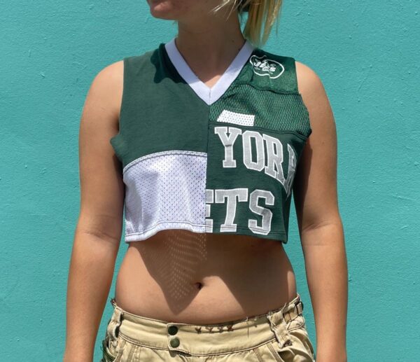 product details: 1 OF 2 NEW YORK JETS REPURPOSED PATCHWORK JERSEY V-NECK CROP TOP photo