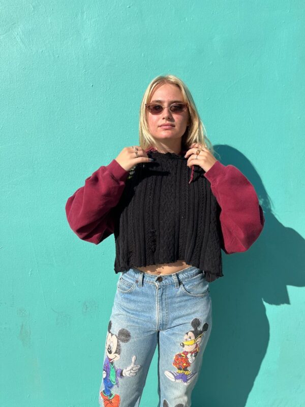 product details: REPURPOSED & DISTRESSED CROPPED & HOODED CABLEKNIT SWEATER photo