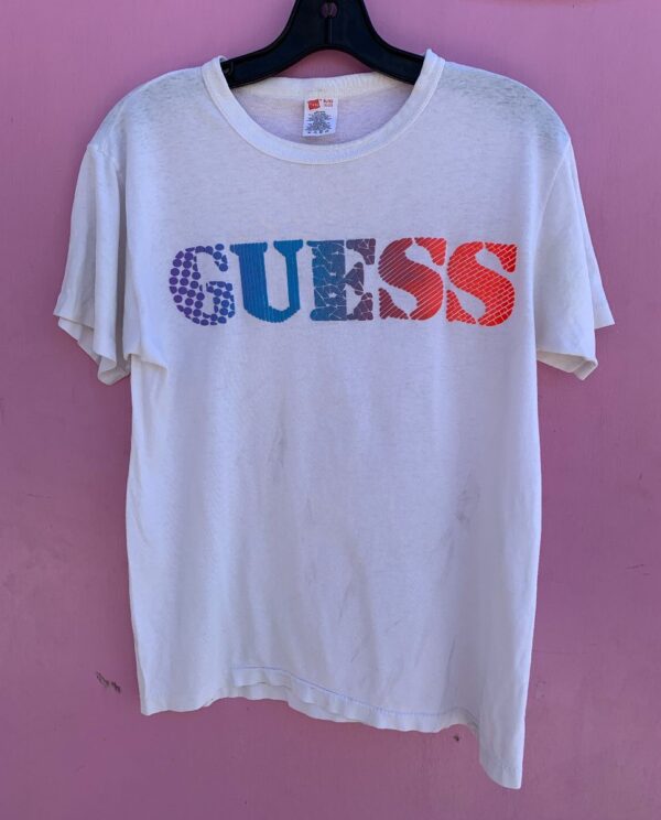 product details: *SOLD AS-IS* 1990S NEON GUESS LOGO OMBRE PUFF PRINT GRAPHIC T-SHIRT photo