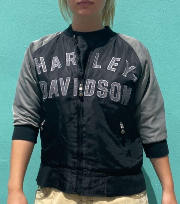product details: RAD CROPPED HARLEY DAVIDSON 100 YEAR ANNIVERSARY EMBROIDERED TWO TONED SATIN JACKET photo