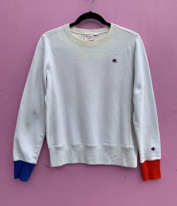 product details: SOLD AS-IS* RETRO CHAMPION PULLOVER SWEATSHIRT W/ COLORBLOCK CUFFS photo