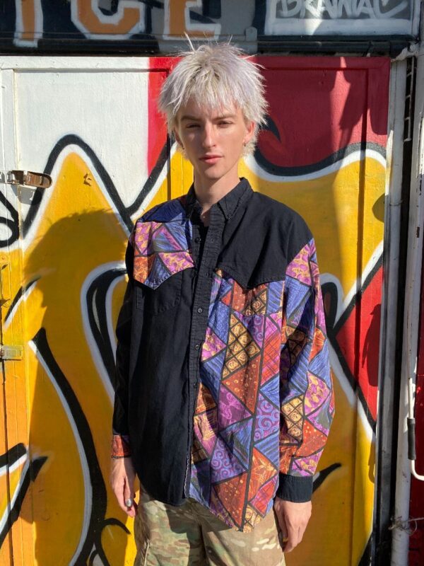 product details: 1990S PATCHWORK STYLE GEOMETRIC PRINTED WESTERN LONG SLEEVE BUTTON UP SHIRT photo