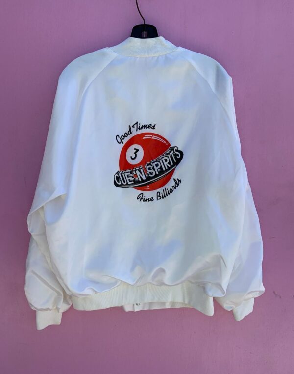 product details: SATIN BOMBER JACKET W/ GOOD TIMES FINE BILLIARDS LETTERING/ 3 BALL POOL photo