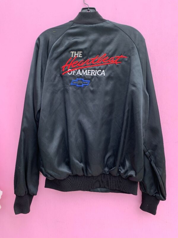 product details: SATIN BOMBER JACKET EMBROIDERED THE HEARTBEAT OF AMERICA LETTERING + CHEVROLET photo