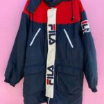 1990S COLOR BLOCK PUFFY LONG SNOW JACKET W/ HOOD ALLOVER EMBROIDERED #FILA