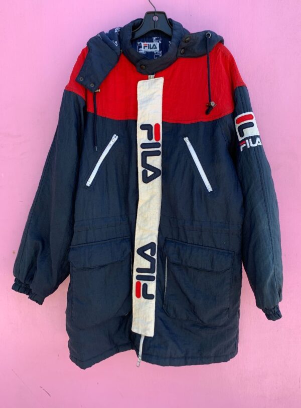 product details: 1990S COLOR BLOCK PUFFY LONG SNOW JACKET W/ HOOD ALLOVER EMBROIDERED #FILA photo