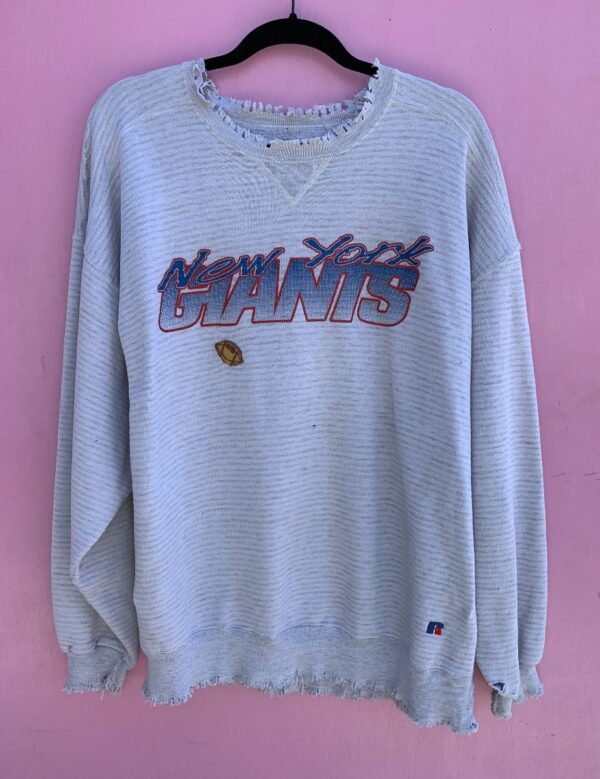 product details: DISTRESSED NEW YORK GIANTS CREWNECK SWEATSHIRT W/ THRASHED COLLAR/ WAIST/CUFFS AS/IS photo