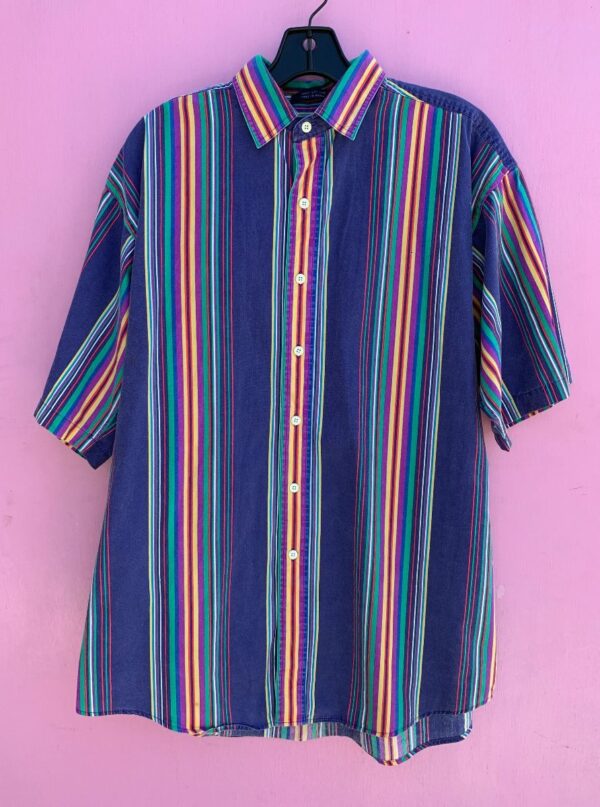 product details: 1990S COLORFUL VERTICAL STRIPED SHORT SLEEVE BUTTON UP COTTON SHIRT photo