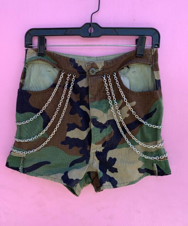 product details: RAD CUSTOM REPURPOSED CAMOFLAGE SHORTS W/ HANGING CHAINS & CUTOUT POCKETS photo