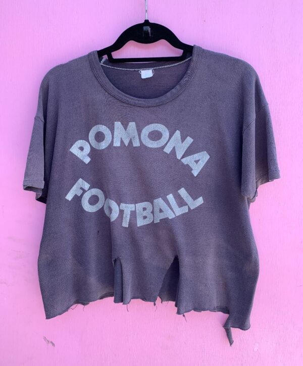 product details: RAD SUN FADED POMONA FOOTBALL CROP TOP W/ THRASHED BOTTOM BOXY CUT AS-IS photo