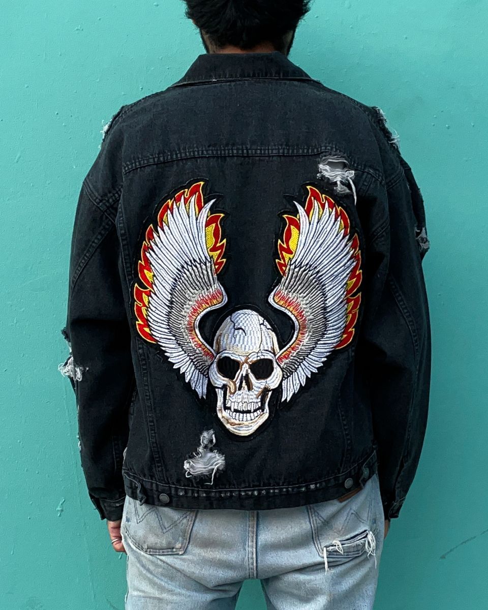Super Distressed Flaming Winged Skull Back Patch Denim Jacket ...