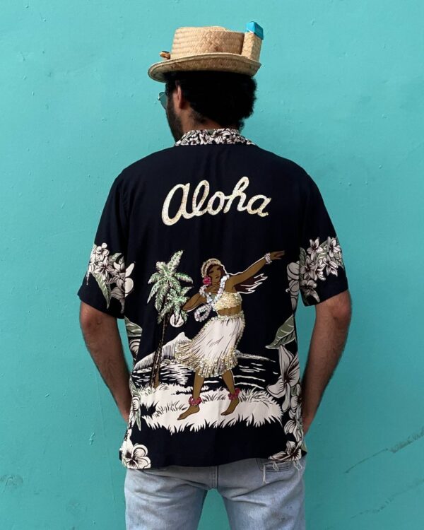 product details: AMAZING ALOHA LUAU HULA GIRL ALLOVER SEQUIN BUTTON-UP HAWAIIAN SHIRT photo