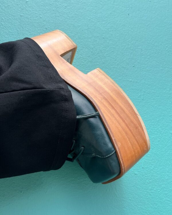 product details: Y2K CRAZY SQUARE TOE TEAL LEATHER WOODED PLATFORM SHOES photo