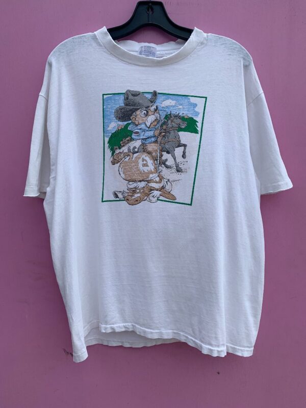 product details: COWBOY CARICATURE ROPING A COW ON HORSE THREADBARE SINGLE STITCH T-SHIRT AS-IS photo
