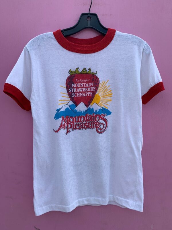 product details: DEKUYPER STRAWBERRY SCHNAPPS SINGLE STITCH RINGER T-SHIRT W/ STRAWBERRY AND MOUNTAINS GRAPHIC photo