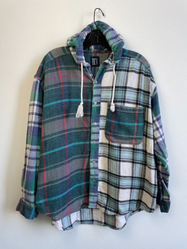 product details: 1990S FUN REPURPOSED CROPPED HOODED PATCHWORK FLANNEL SHIRT photo