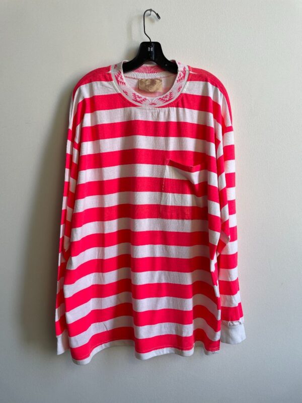 product details: 1990S DEADSTOCK NEON STRIPED LONG SLEEVE POCKET TEE MADE IN USA photo