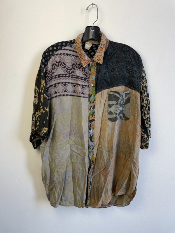 product details: 1990S MIXED PRINT PATCHWORK RAYON BUTTON DOWN SHIRT photo