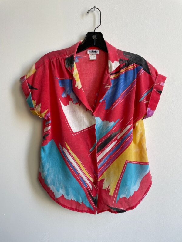 product details: AWESOME 1980S-90S GEOMETRIC PRINT SHORT SLEEVE BUTTON DOWN TOP photo