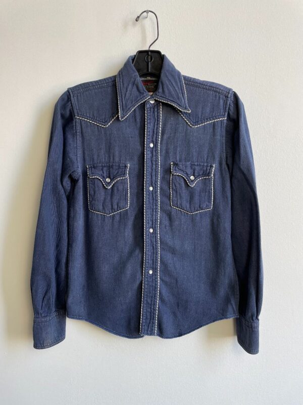 product details: 1970S SMALL FIT PEARL SNAP DENIM WESTERN SHIRT STRIPED EDGE photo