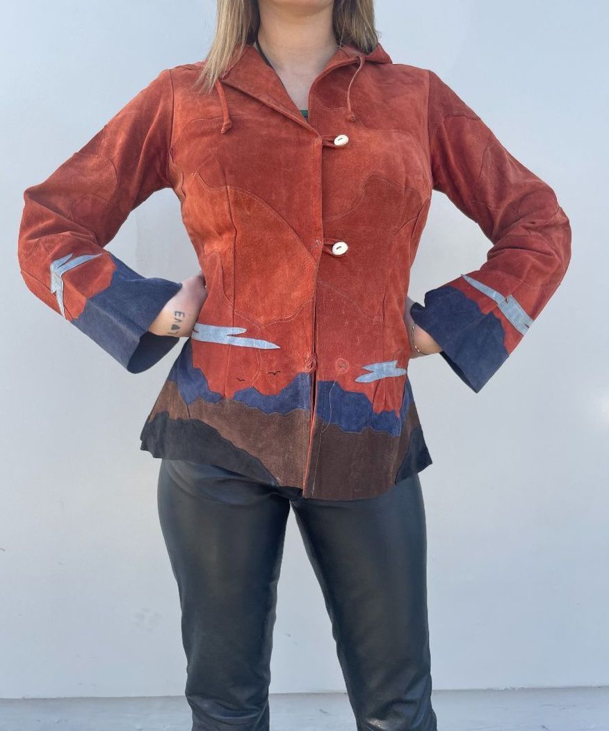 8-36 Rad Long Cut Grass Embossed Leather Jacket W/ Concho Sleeves &amp;  Buffalo Buttons